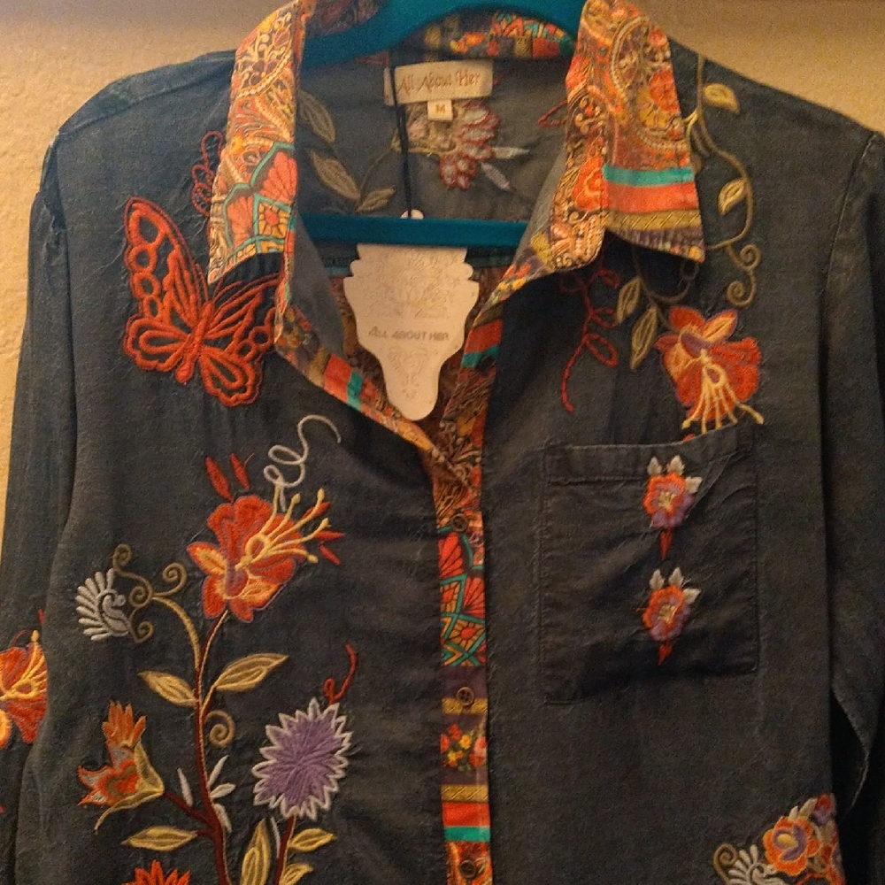 Black and Orange Long Sleeve Embellished Button Down Shirt